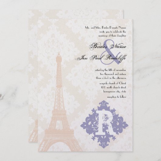 Eiffel Tower Damask Silver Peony Lavender Kaart (Voorkant / Achterkant)