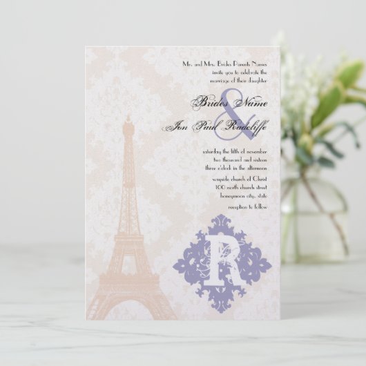 Eiffel Tower Damask Silver Peony Lavender Kaart (Staand voorkant)