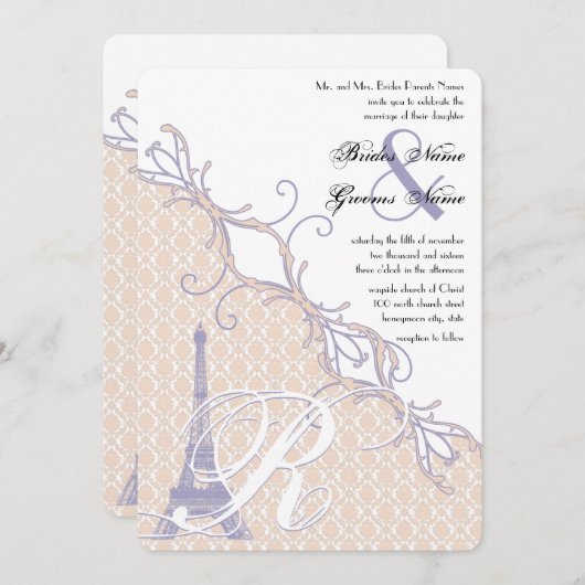 Eiffel Tower Damask Silver Peony Lavender Kaart (Voorkant / Achterkant)