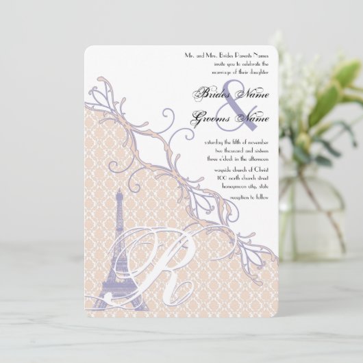 Eiffel Tower Damask Silver Peony Lavender Kaart (Staand voorkant)