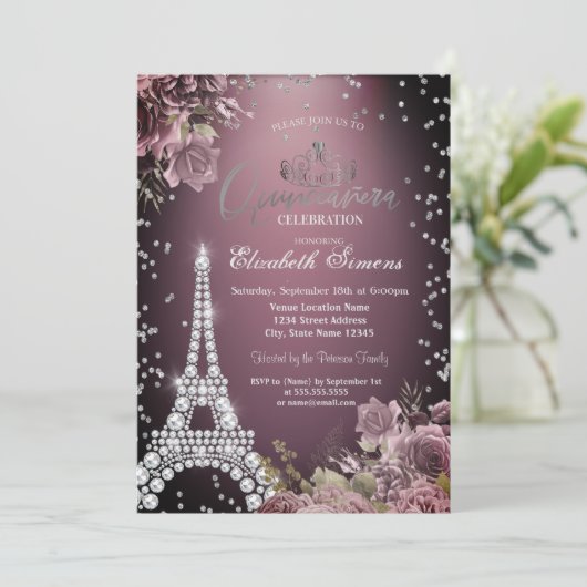 Eiffel Tower Diamonds Dark Roses Burgundy Kaart (Staand voorkant)