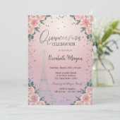 Eiffel Tower Diamonds Flowers Pink Quinceañera Kaart (Staand voorkant)