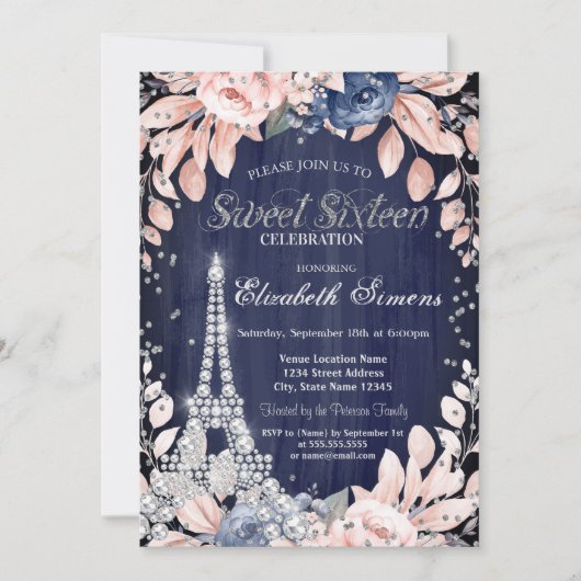 Eiffel Tower Diamonds Navy Blue Rozen Sweet 16 Kaart (Voorkant)