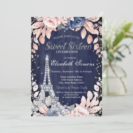 Eiffel Tower Diamonds Navy Blue Rozen Sweet 16 Kaart (Staand voorkant)