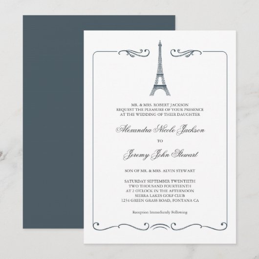 Eiffel Tower Elegant Wedding Invitation Kaart (Voorkant / Achterkant)