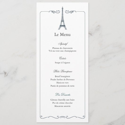 Eiffel Tower Elegant Wedding Menu Card French (Voorkant)