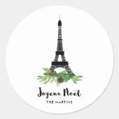 Eiffel Tower en Pine | Modern Joyeux Noel Ronde Sticker (Voorkant)