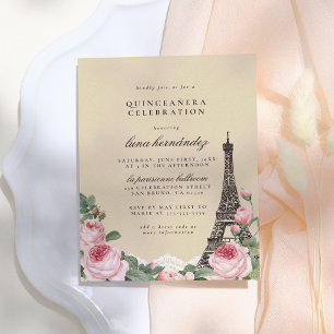 Eiffel Tower Floral Paris Thed Quinceañera Uitnodiging Briefkaart