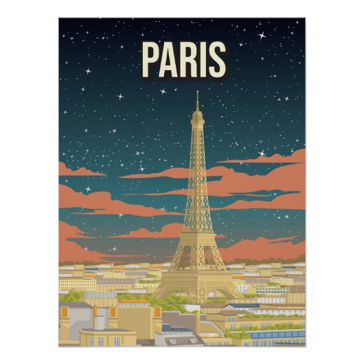 Eiffel Tower France Night View Travel Poster (Voorkant)
