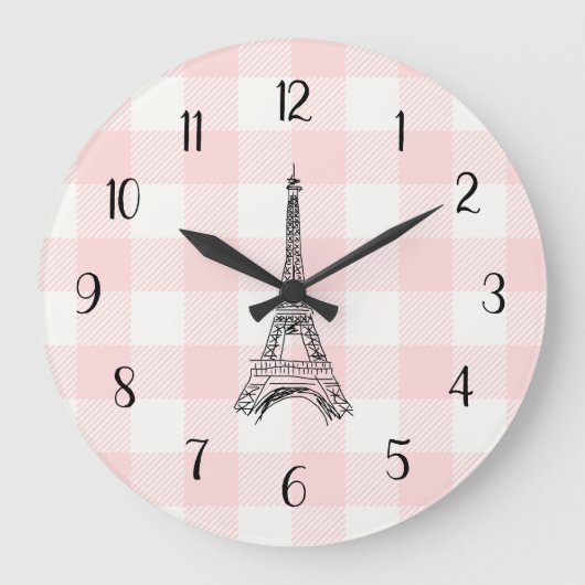 Eiffel Tower French Country Pink Gingham Pattern Grote Klok (Voorkant)