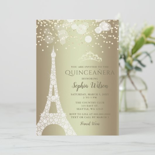 Eiffel Tower Gold Sparkle Glitter Quinceañera Kaart (Staand voorkant)