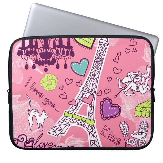 Eiffel Tower Love Paris France Pink Laptop Sleeve (Voorkant)