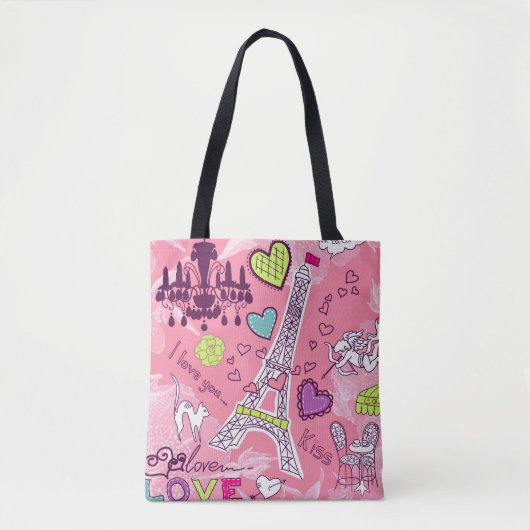 Eiffel Tower Love Paris France Pink Tote Bag (Voorkant)