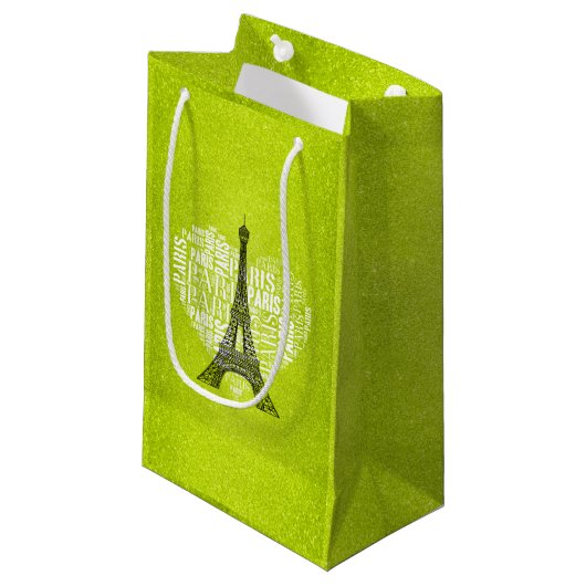 Eiffel Tower Love Paris | Groene glitter Klein Cadeauzakje (Voorkant Gekanteld)
