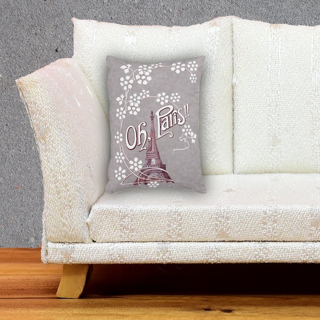  Eiffel Tower Oh Paris France Daisy Decoratief Kussen (Eiffel Tower surrounded by white daisy flowers with Oh, Paris text on grey decorative pillow.)