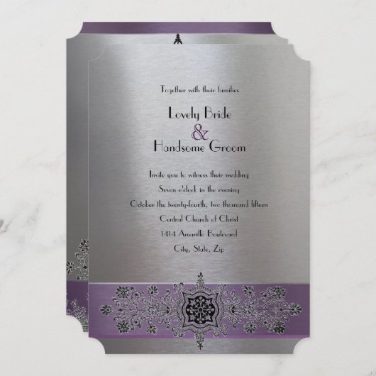 Eiffel Tower Paars en Silver Wedding Uitnodiging (Voorkant / Achterkant)