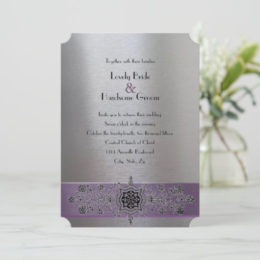 Eiffel Tower Paars en Silver Wedding Uitnodiging (Staand voorkant)