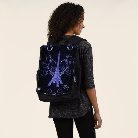 Eiffel Tower Paars Floral Swirls Backpack (Gedragen)