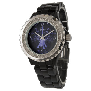 Eiffel Tower Paarse Floral Swirls Horloge