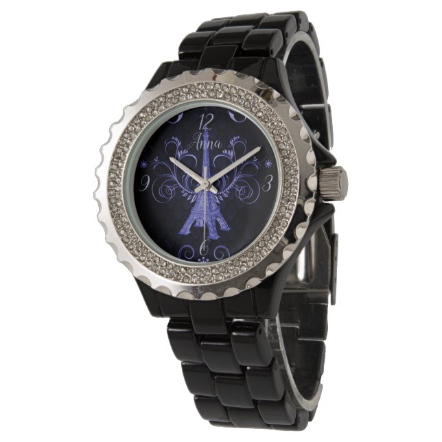 Eiffel Tower Paarse Floral Swirls Horloge (Gekanteld)