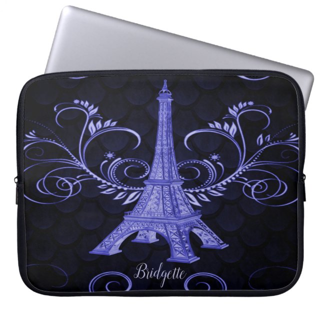 Eiffel Tower Paarse Floral Swirls Laptop Sleeve (Voorkant)