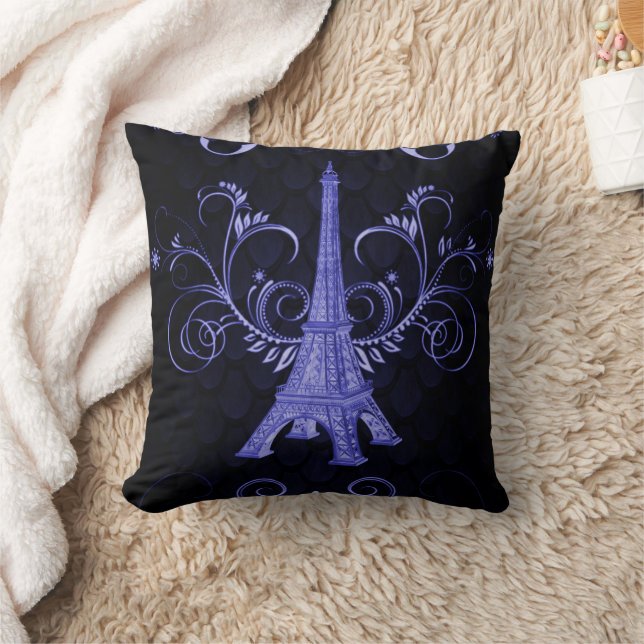 Eiffel Tower Paarse Floral Swirls Pillow Kussen (Deken)