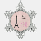 Eiffel Tower, Parijs, Harten, Polka Dots, Roze Tin Sneeuwvlok Ornament (Voorkant)