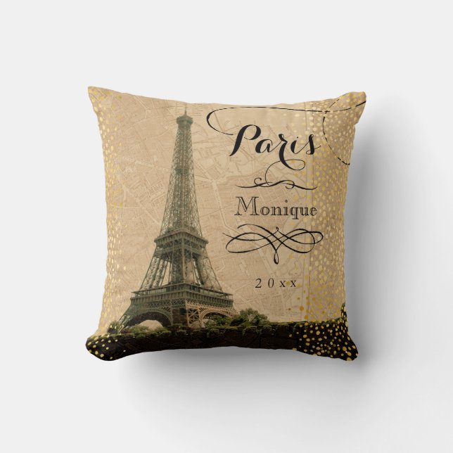 Eiffel Tower Paris beige Faux Gold Monogram Naam Kussen (Voorkant)