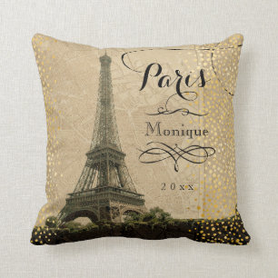 Eiffel Tower Paris beige Faux Gold Monogram Naam Kussen