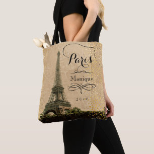 Eiffel Tower Paris beige Faux Gold Monogram Naam Tote Bag