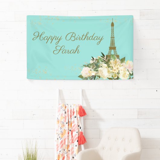 Eiffel Tower Paris Birthday Aqua Mint Gold Spandoek (Insitu)