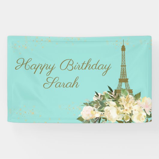 Eiffel Tower Paris Birthday Aqua Mint Gold Spandoek (Horizontaal)