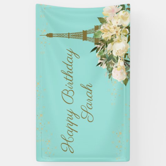Eiffel Tower Paris Birthday Aqua Mint Gold Spandoek (Verticaal)