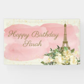 Eiffel Tower Paris Birthday Pink Gold Glitter Spandoek (Horizontaal)