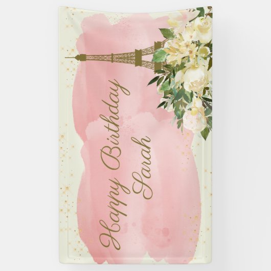 Eiffel Tower Paris Birthday Pink Gold Glitter Spandoek (Verticaal)