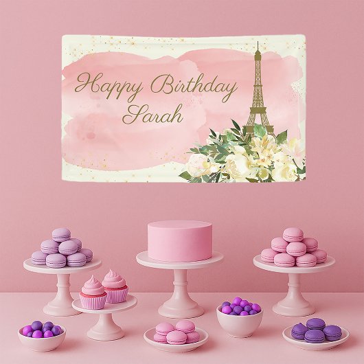 Eiffel Tower Paris Birthday Pink Gold Glitter Spandoek