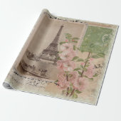 Eiffel Tower Paris  Ephemera Script Floral Cadeaupapier (Uitgerold)