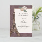 Eiffel Tower Paris Floral Damask Muted Paars Save The Date (Staand voorkant)