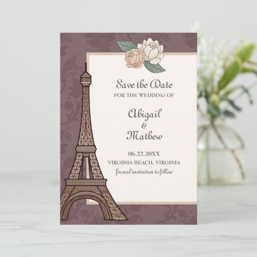 Eiffel Tower Paris Floral Damask Muted Paars Save The Date (Staand voorkant)