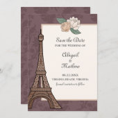 Eiffel Tower Paris Floral Damask Muted Paars Save The Date (Voorkant / Achterkant)