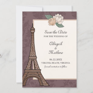 Eiffel Tower Paris Floral Damask Muted Paars Save The Date