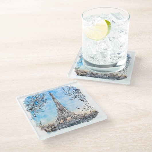 Eiffel Tower Paris Frankrijk Hand Drawn Waterverf Glazen Onderzetter (Schuin)