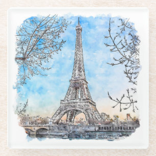 Eiffel Tower Paris Frankrijk Hand Drawn Waterverf Glazen Onderzetter