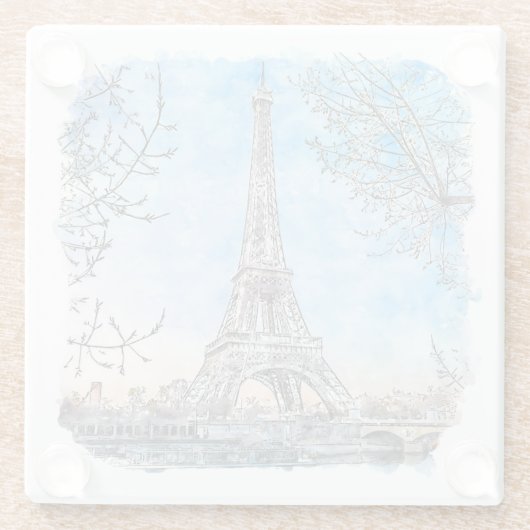Eiffel Tower Paris Frankrijk Hand Drawn Waterverf Glazen Onderzetter (Achterkant)