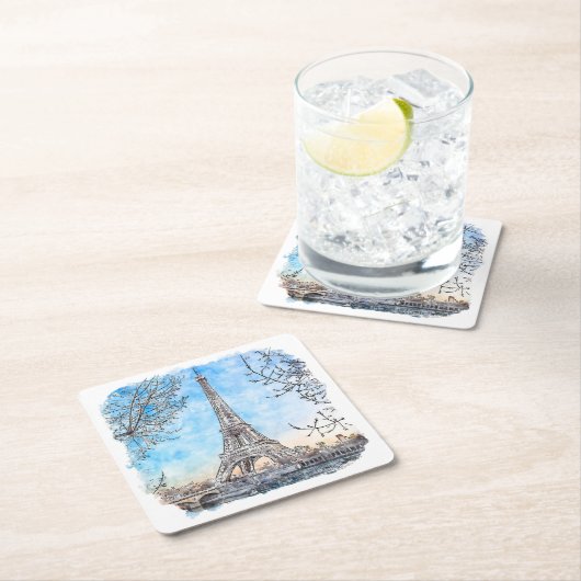 Eiffel Tower Paris Frankrijk Hand Drawn Waterverf Kartonnen Onderzetters (Insitu)