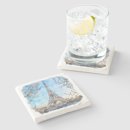 Eiffel Tower Paris Frankrijk Hand Drawn Waterverf Stenen Onderzetter (Zijkant)