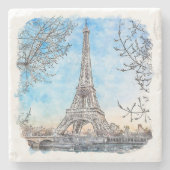 Eiffel Tower Paris Frankrijk Hand Drawn Waterverf Stenen Onderzetter (Voorkant)