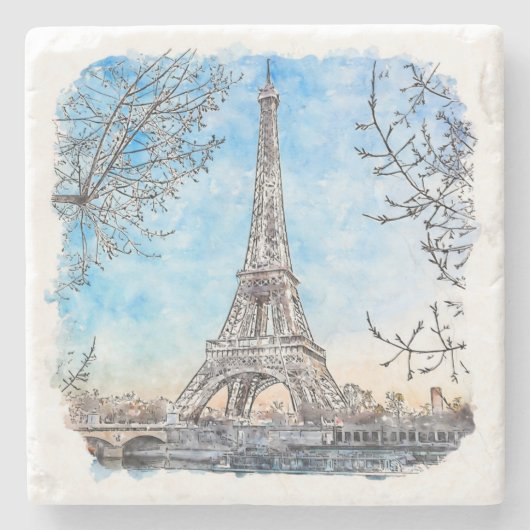 Eiffel Tower Paris Frankrijk Hand Drawn Waterverf Stenen Onderzetter (Voorkant)