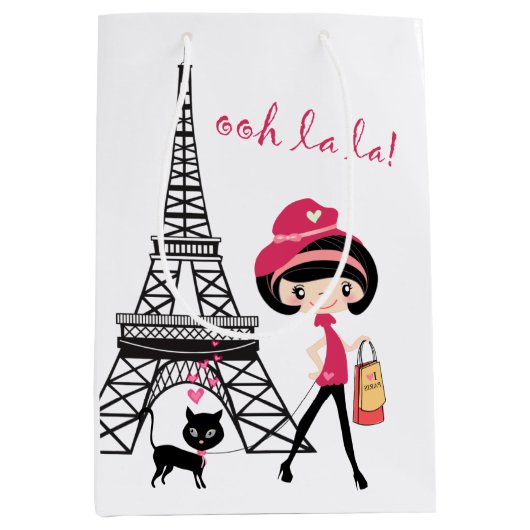 Eiffel Tower Paris Girl, Cat Black en Pink Medium Cadeauzakje (Voorkant)