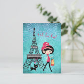 Eiffel Tower Paris Girl en Cat Blue Damask Briefkaart (Staand voorkant)